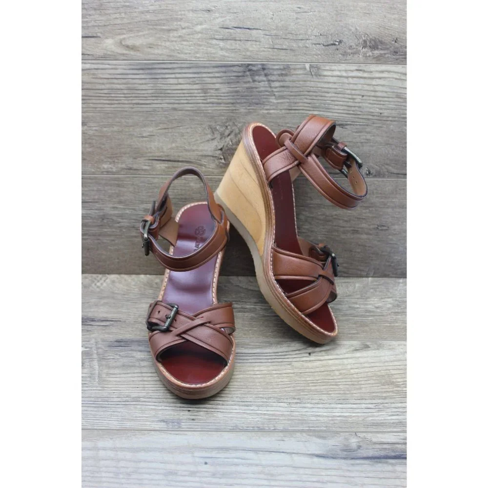 Bawcock wood leather adjustable buckle cross strap wedge sandals 37